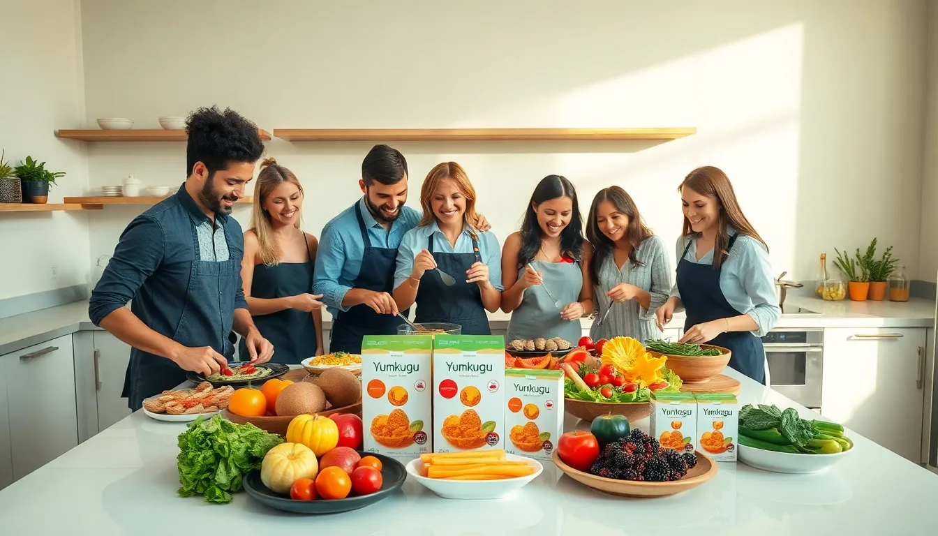 diverse group preparing dishes featuring Yumkugu in a modern kitchen.