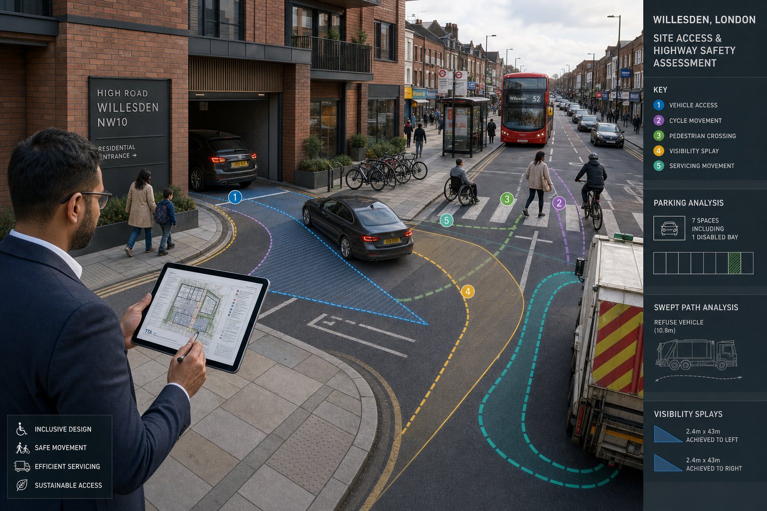Traffic engineer assessing parking access and highway safety on a Willesden street.