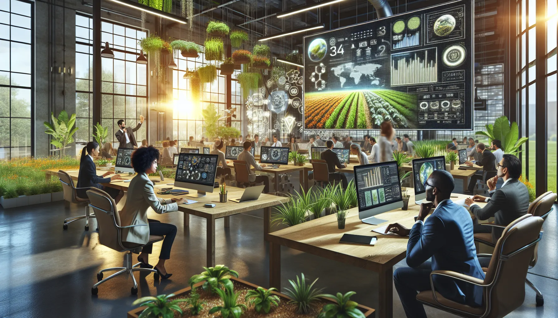 diverse team collaborating on digital environmental projects in a modern office.