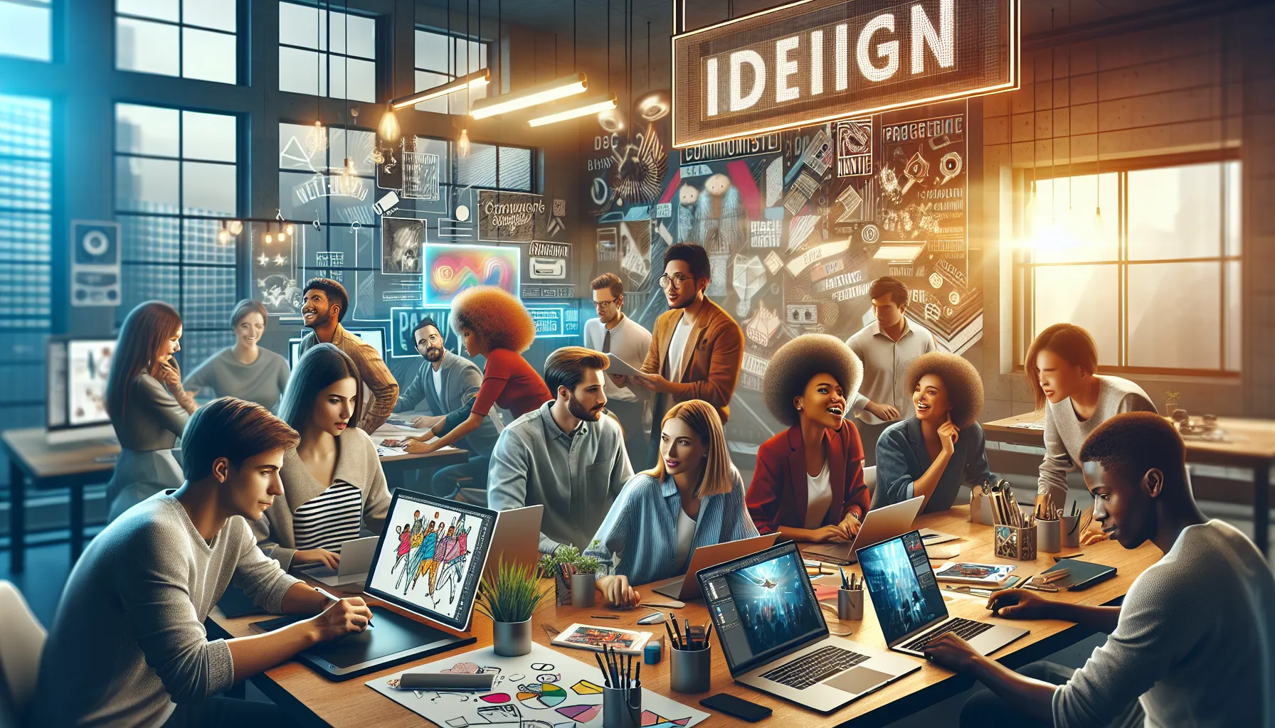 diverse team collaborating on digital content in a modern office.