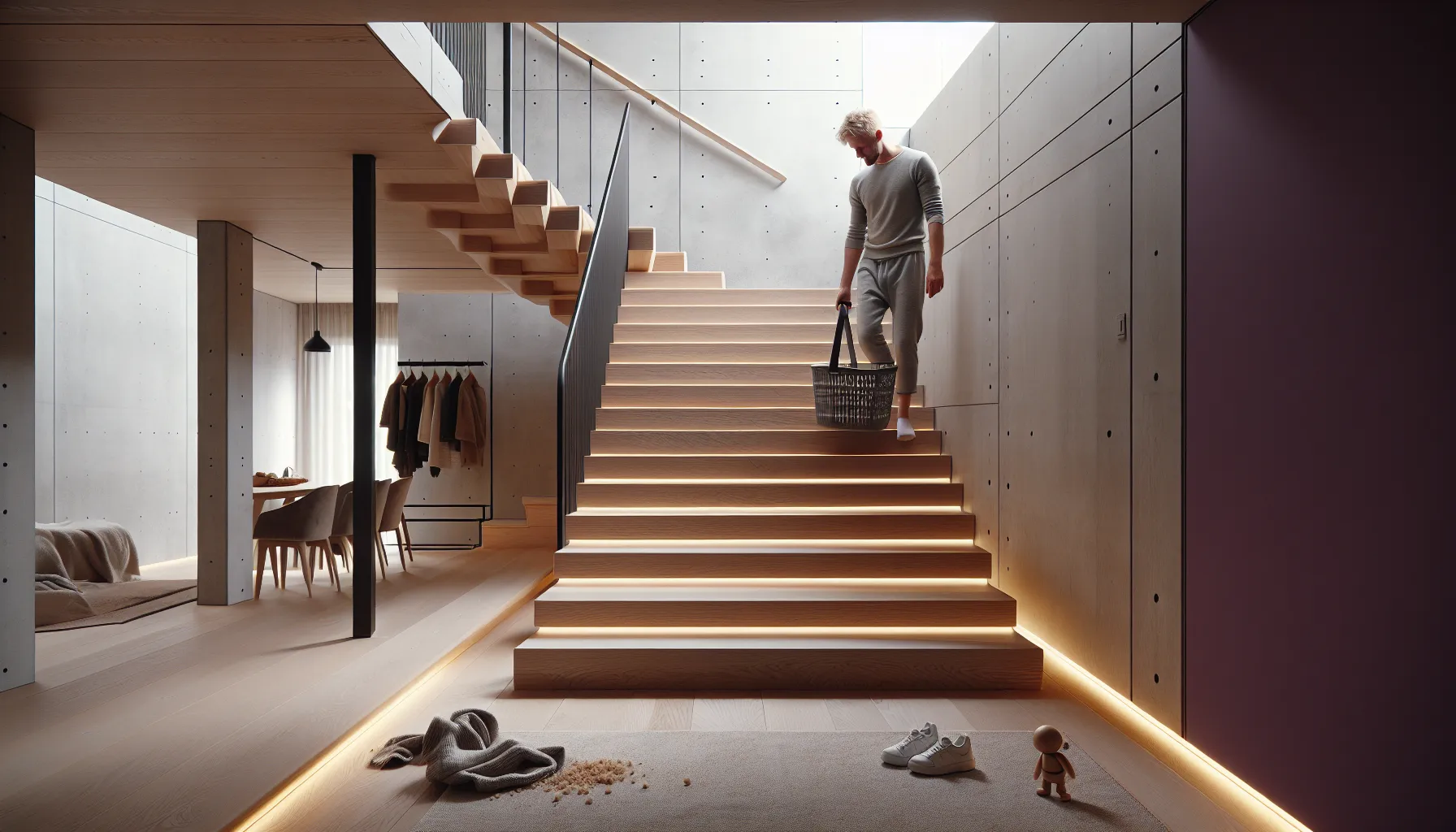 Hvordan velge riktig trappemateriale for både estetikk og sikkerhet 2 Safe norwegian indoor staircase with oak treads, steel railing, and step lighting.
