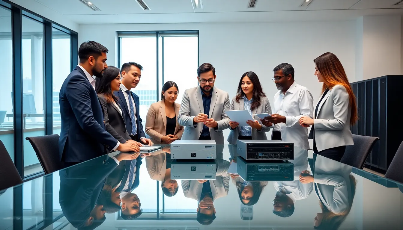 diverse team discussing WebBizMagnet hardware in a modern office.