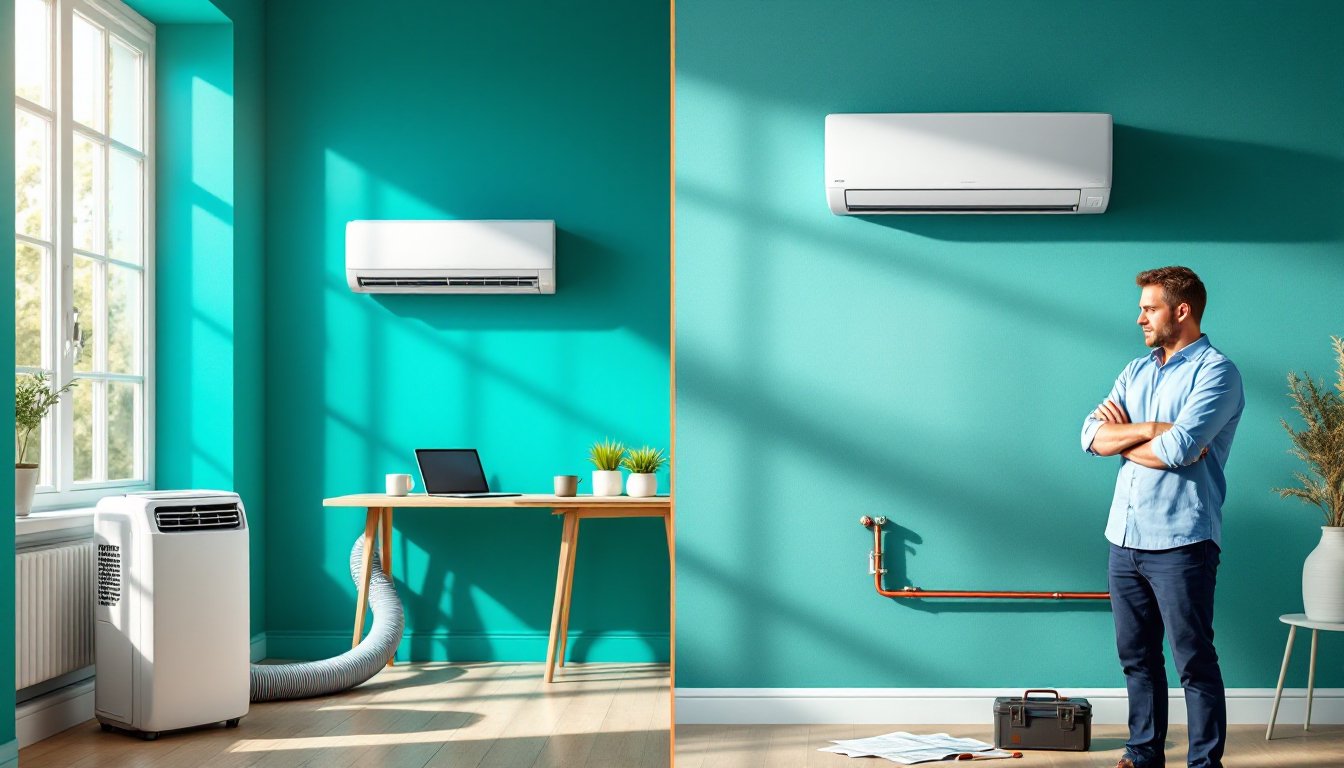 A man comparing a portable air conditioner and a wall-mounted split unit inside a German apartment.