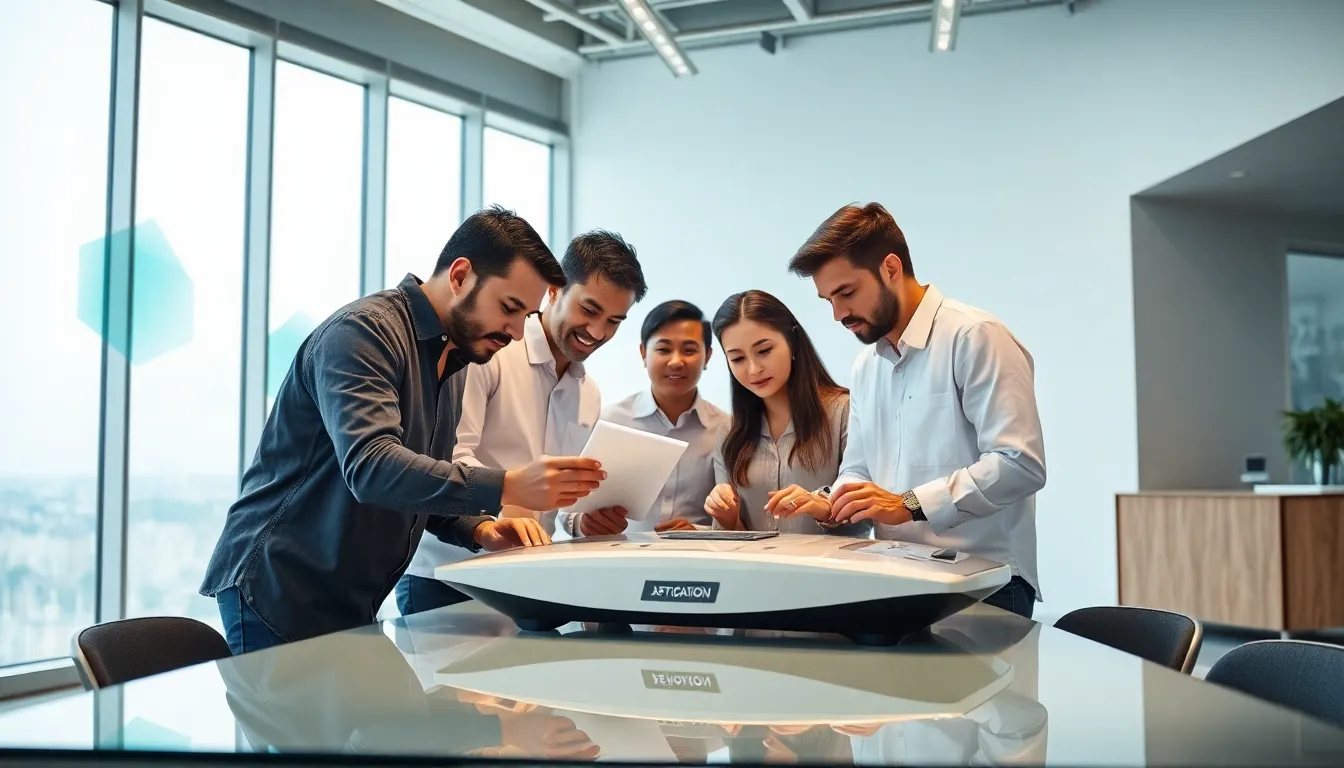 engineers collaborating on the Xta21074052110022 prototype in a modern office.
