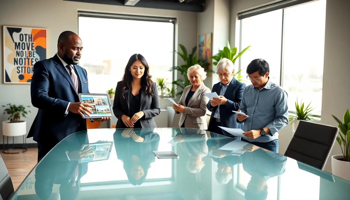 a diverse team discussing real estate strategies in a modern office.