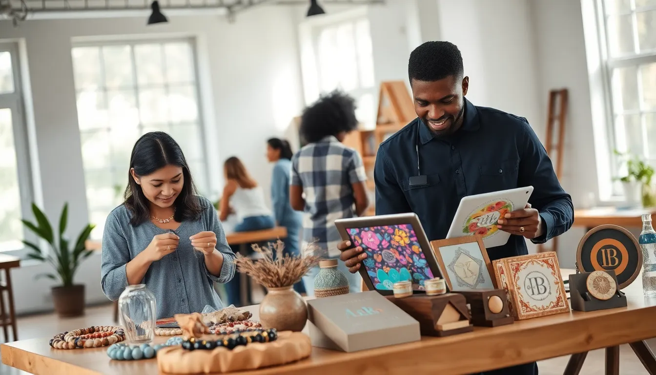 diverse artisans creating sustainable and personalized products in a modern workspace.