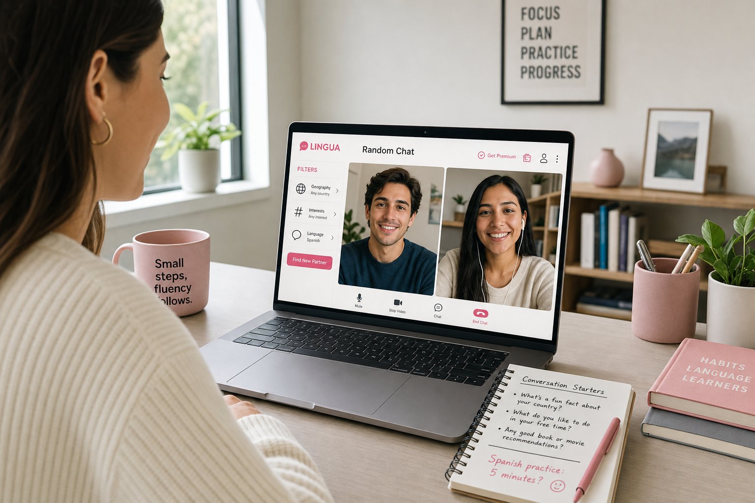 Professional using laptop video chat with diverse matches and language practice notes.