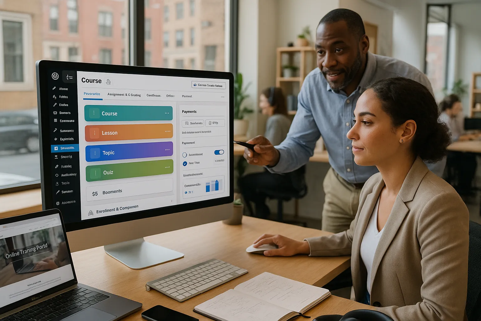 7 Best Learning Management Systems For WordPress (And How To Choose The Right One) 3 Entrepreneur and consultant configuring a powerful WordPress learning management system on screen.