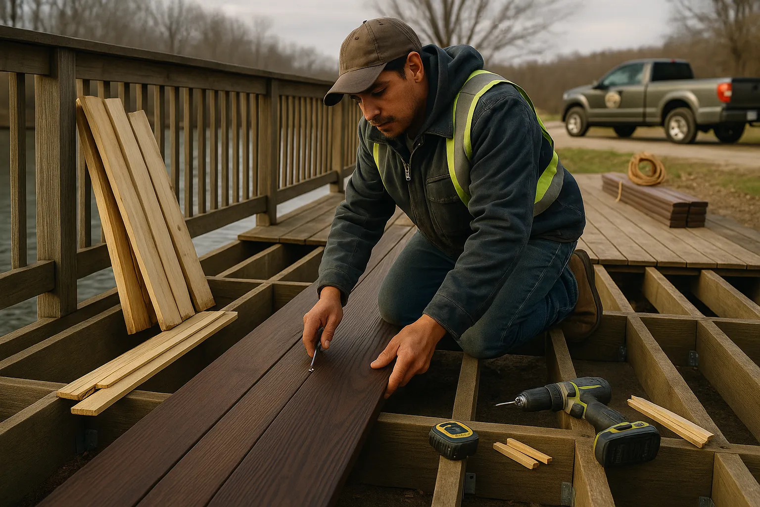 Contractor fitting thermally modified ash boards on a lakeside deck replacing warped bamboo.