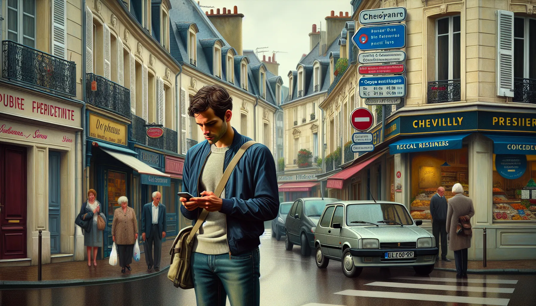 Man in Chevilly-Larue street checking Google on his phone for local services.