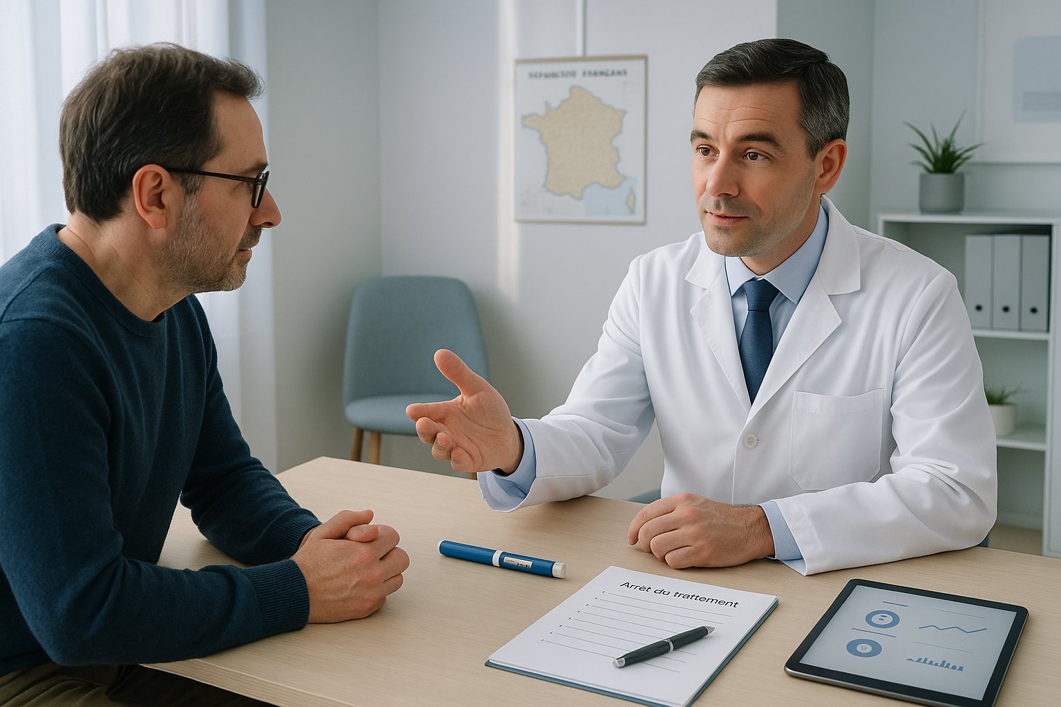 Doctor and patient discussing how to safely stop an injectable treatment.