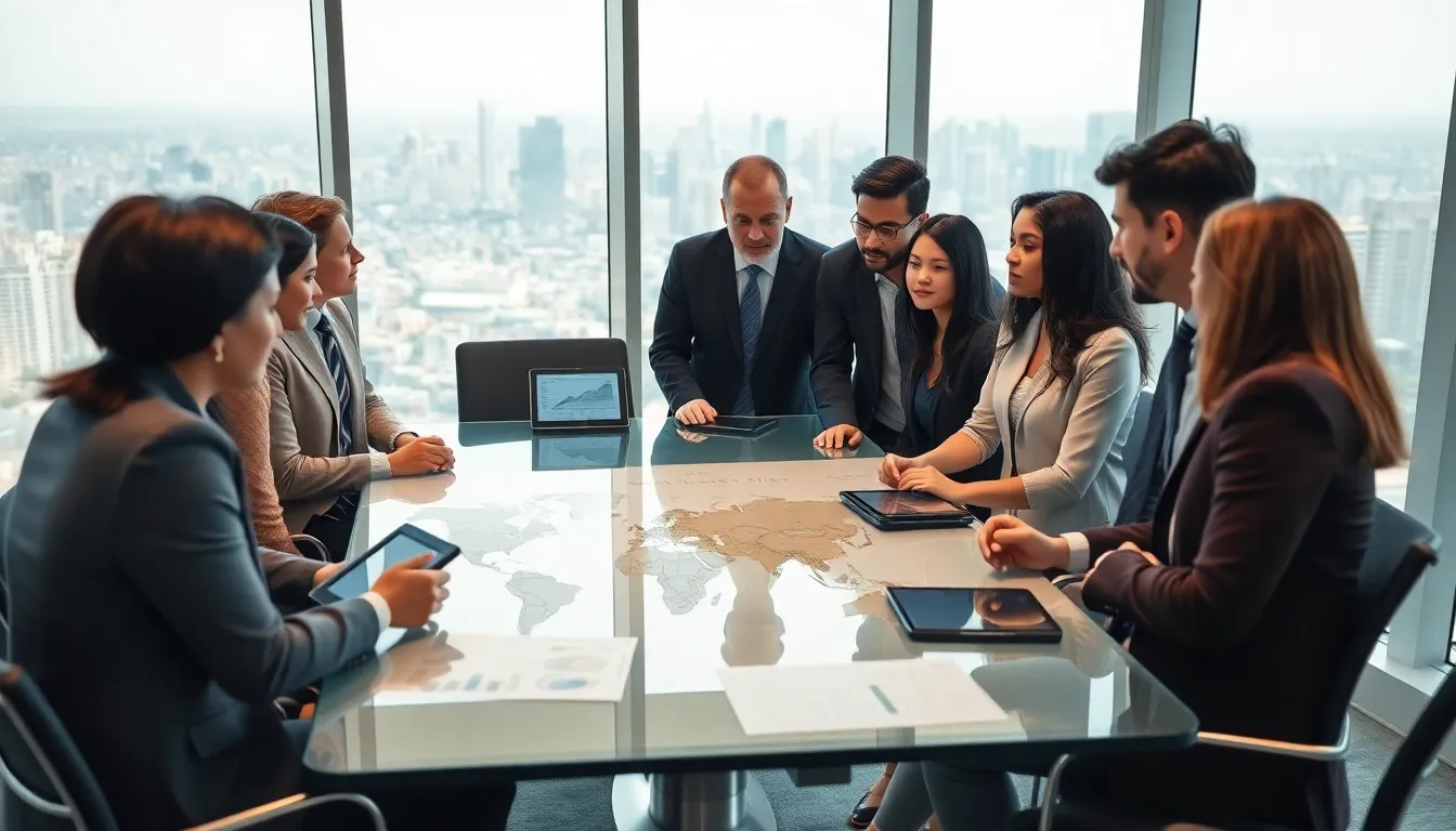 diverse team discussing global public affairs in a modern conference room.