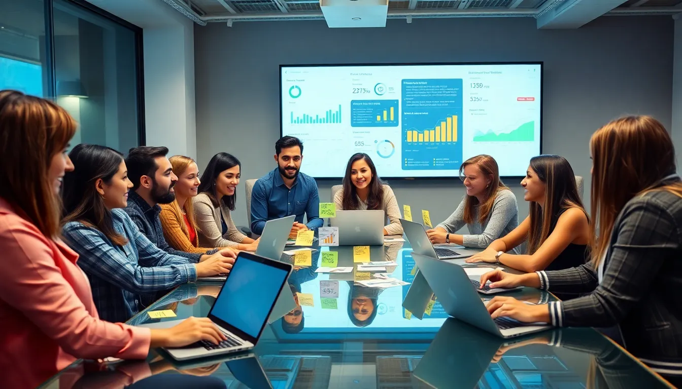 diverse team collaborating on mobile app optimization in a modern office.