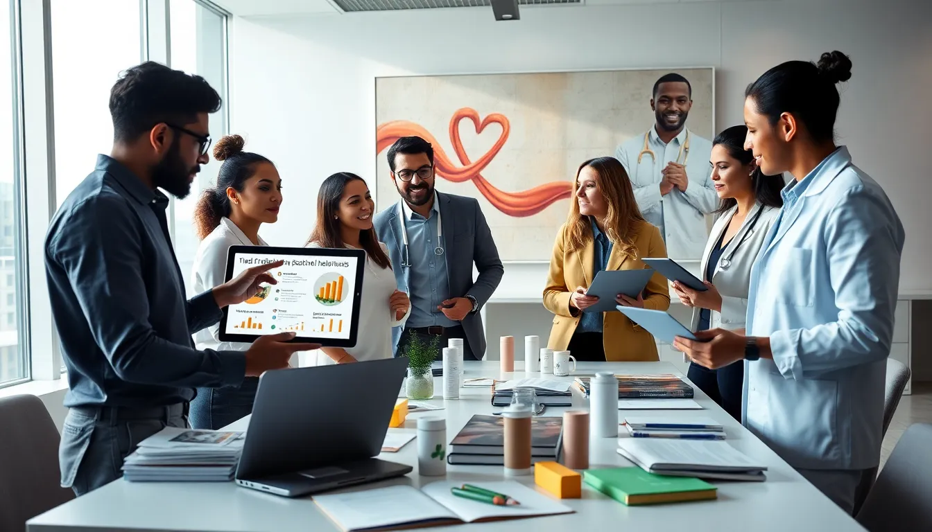 diverse health professionals collaborating in a modern office.