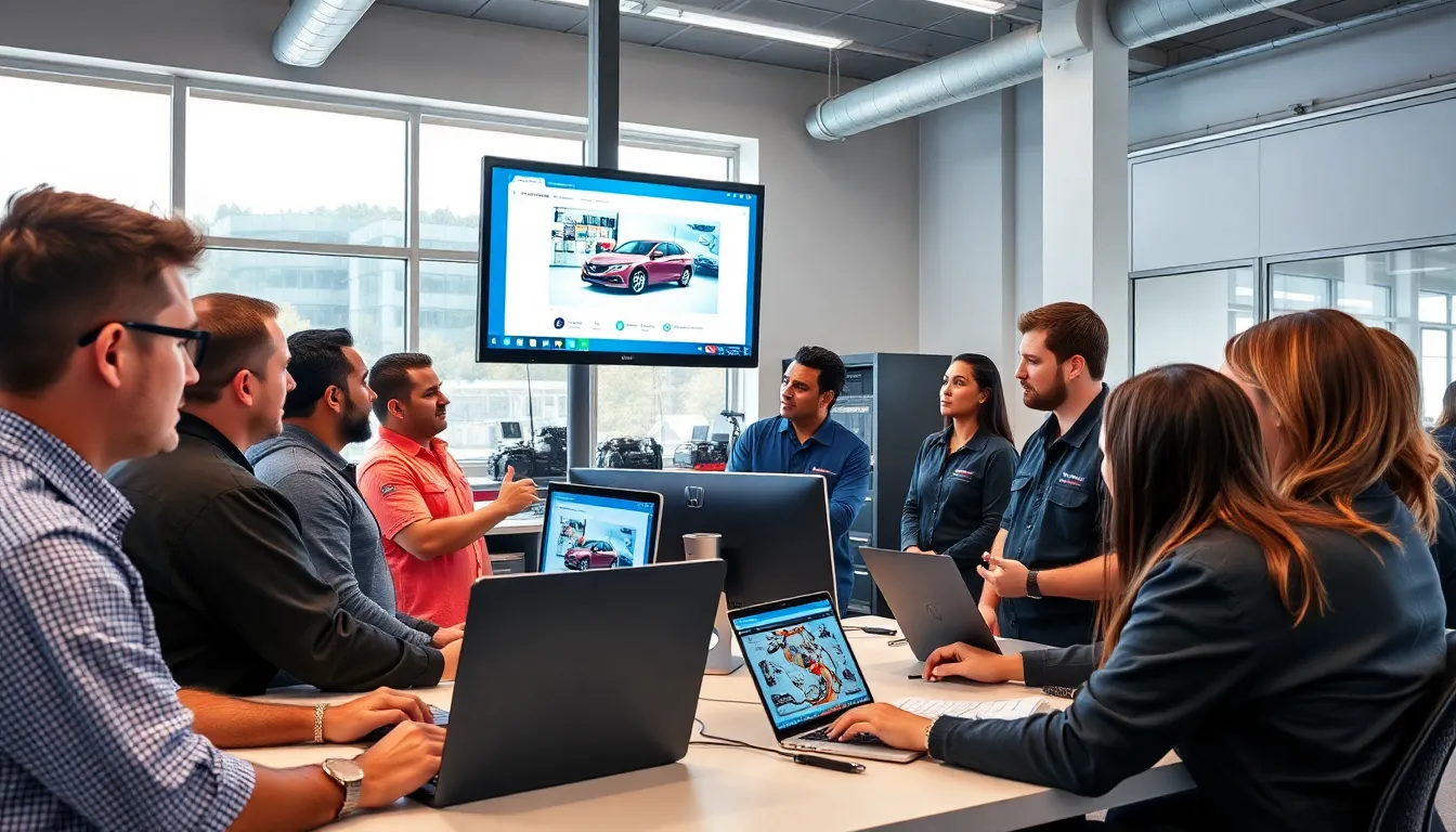 technicians learning about Honda vehicles in a modern workspace.