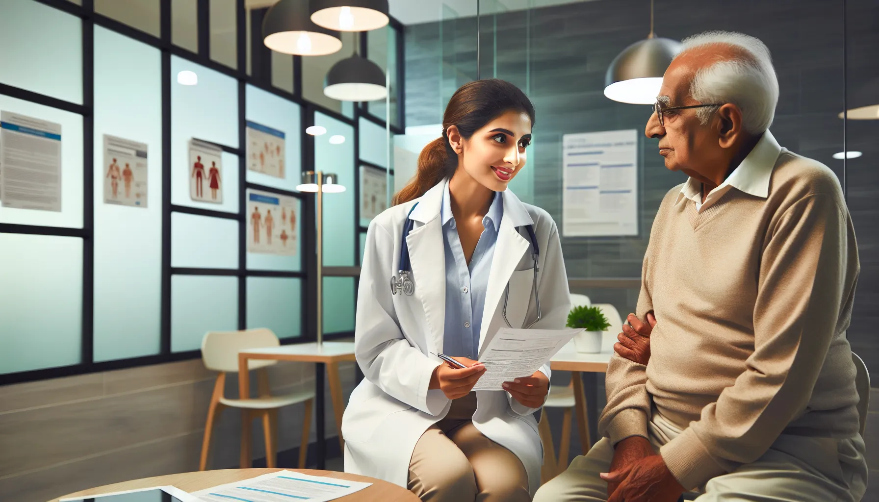 A professional discussing healthcare options with a patient in a clinic.