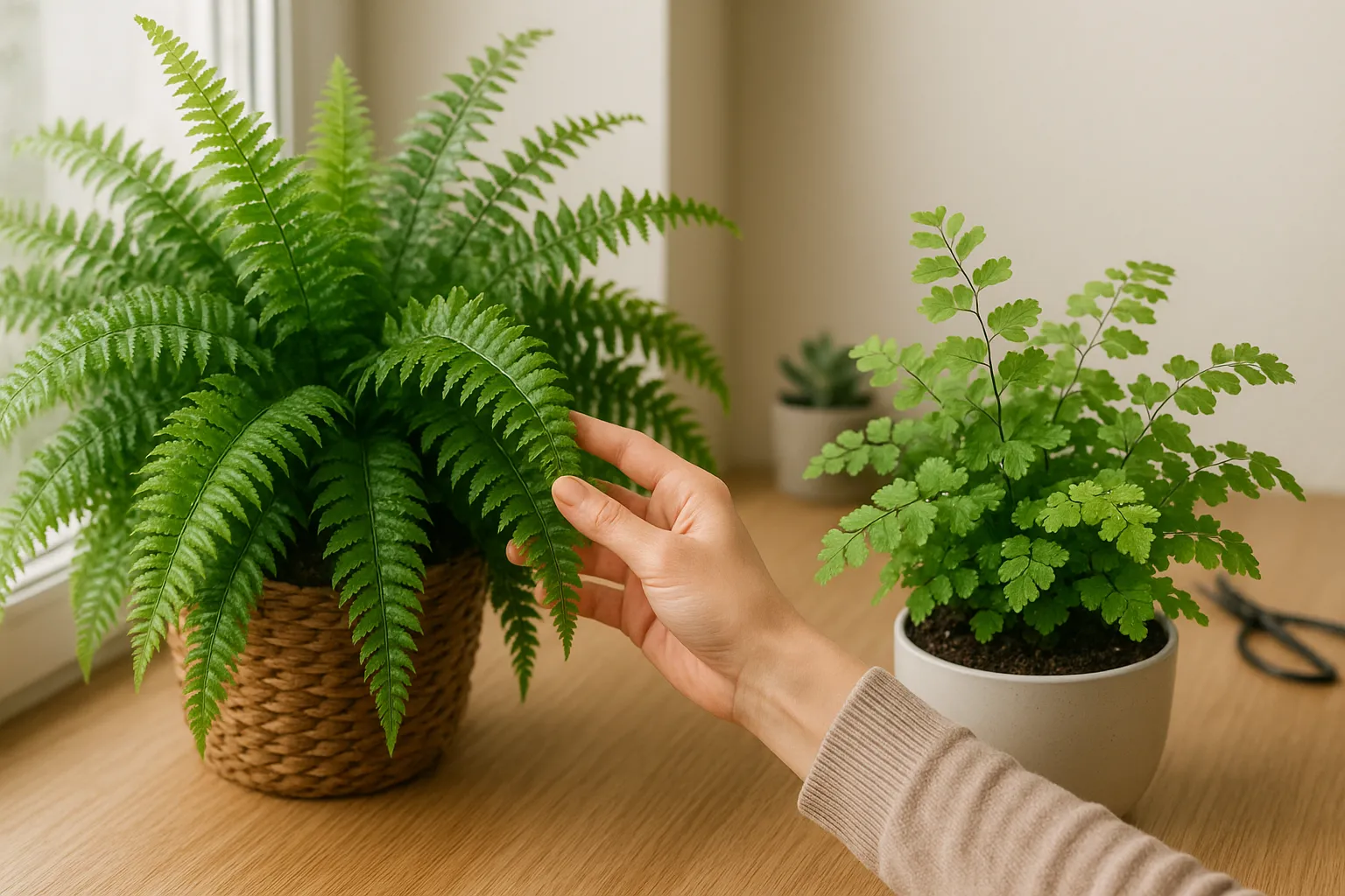 Boston fern with long feathery fronds beside delicate maidenhair fern on windowsill.