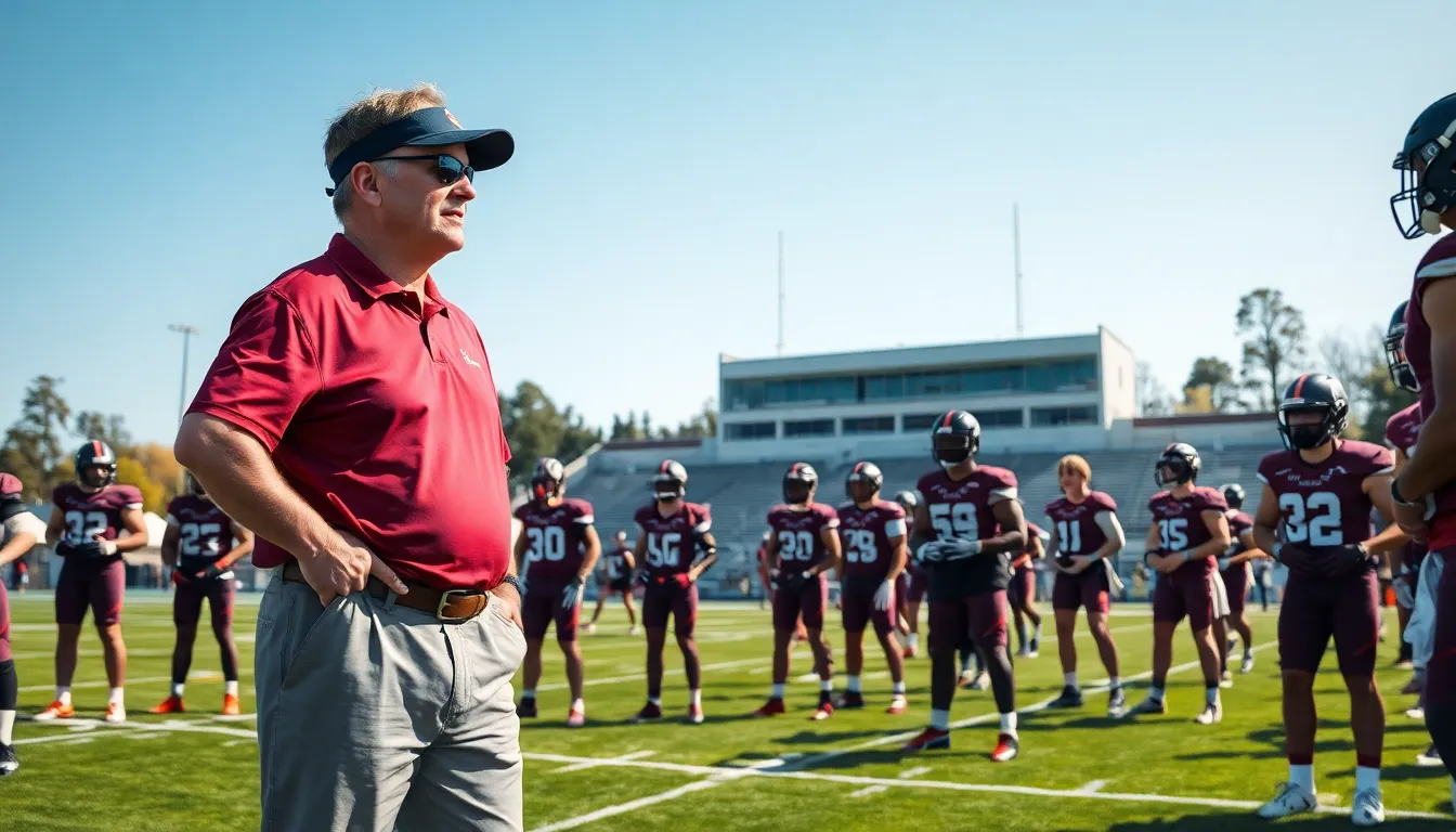 Virginia Tech football coach training a diverse team on the field.