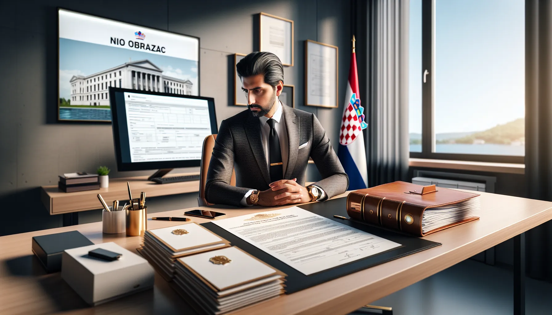 Person reviewing NIO property registration form at professional office desk in Croatia.