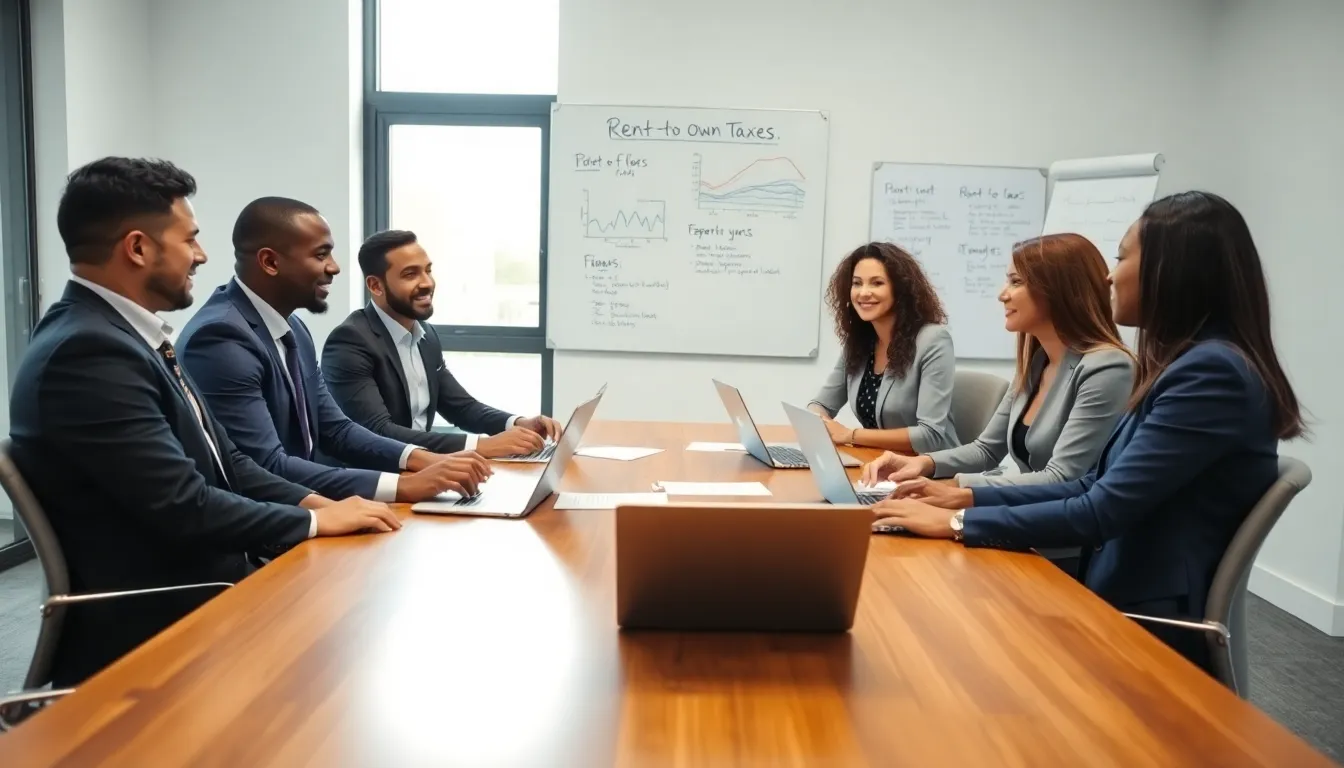 diverse team discussing rent-to-own agreements in a modern office.