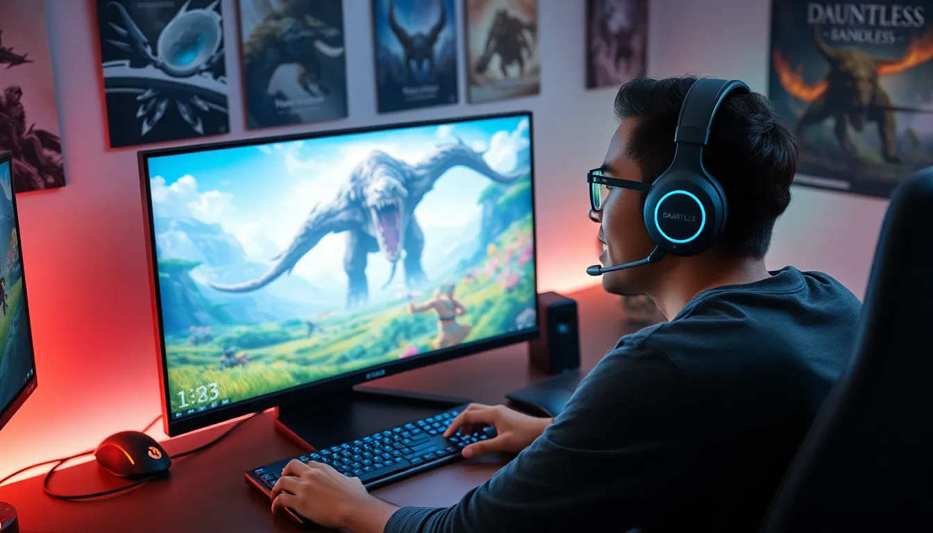 gamer immersed in Dauntless gameplay in a modern gaming setup.