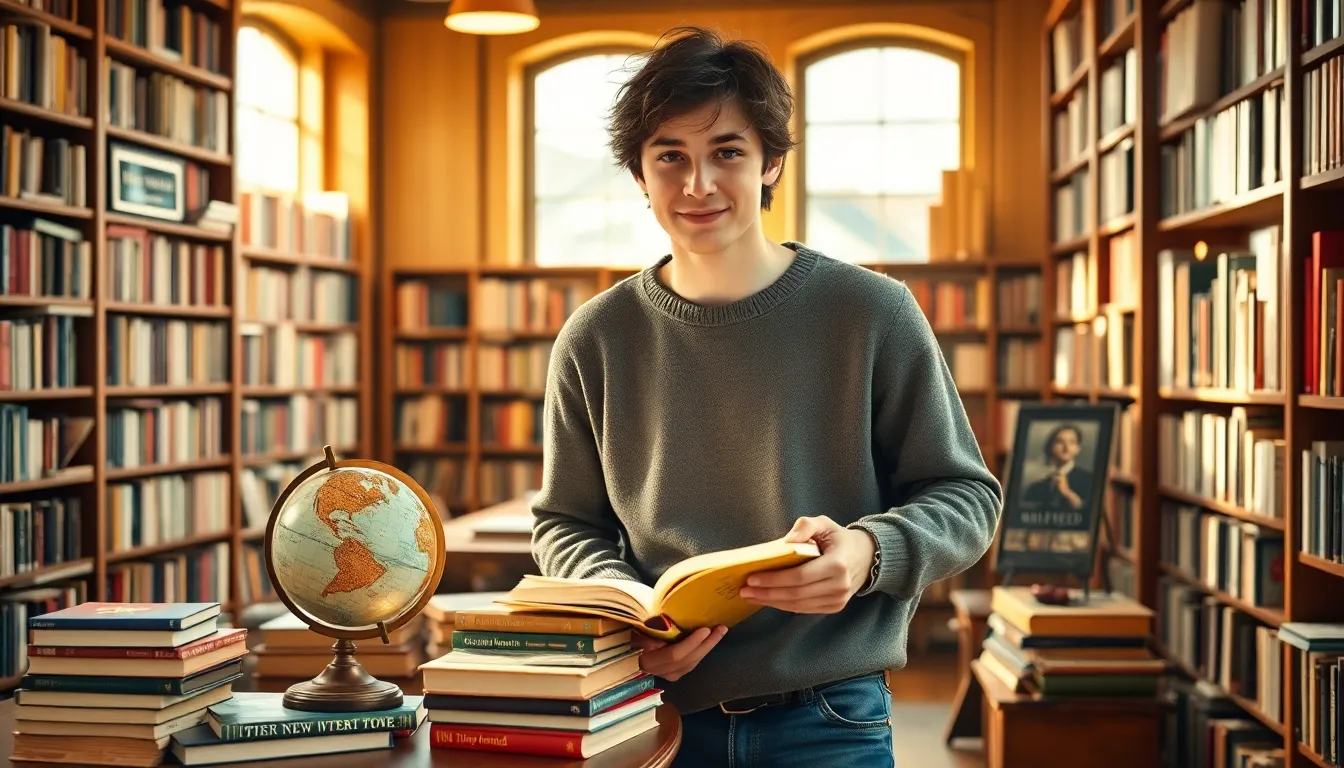A young author in a library, inspired by his literary surroundings.