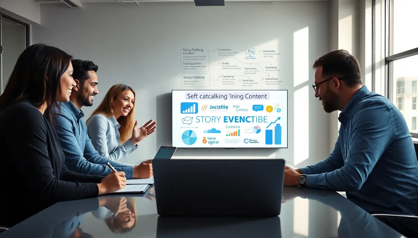 diverse team collaborating on captivating content in a modern office.
