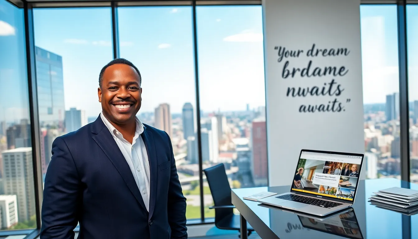 a smiling real estate agent in a modern office with city views.