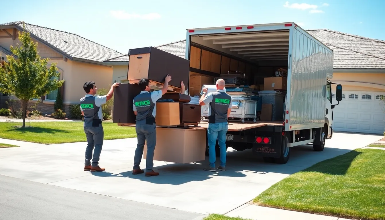 diverse team of junk haulers removing items from a home.