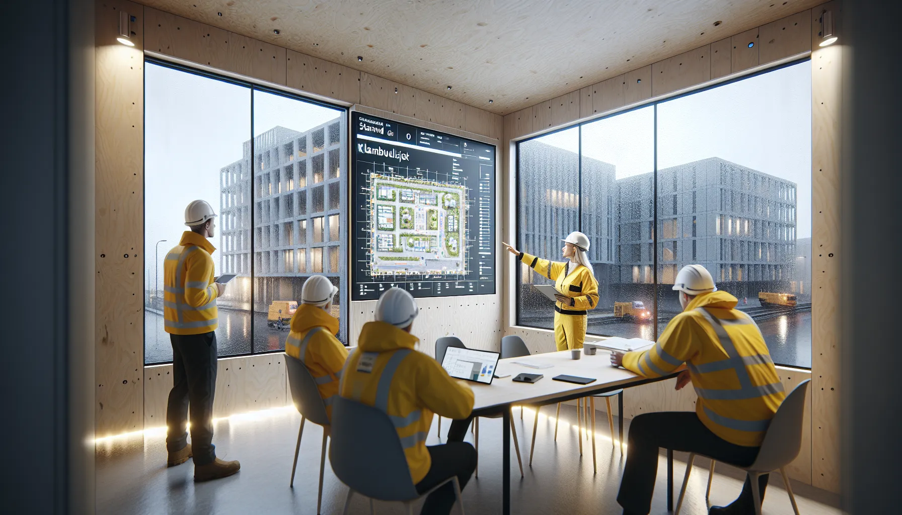 Norwegian construction team reviewing a bim model and improvement checklists in a site cabin.