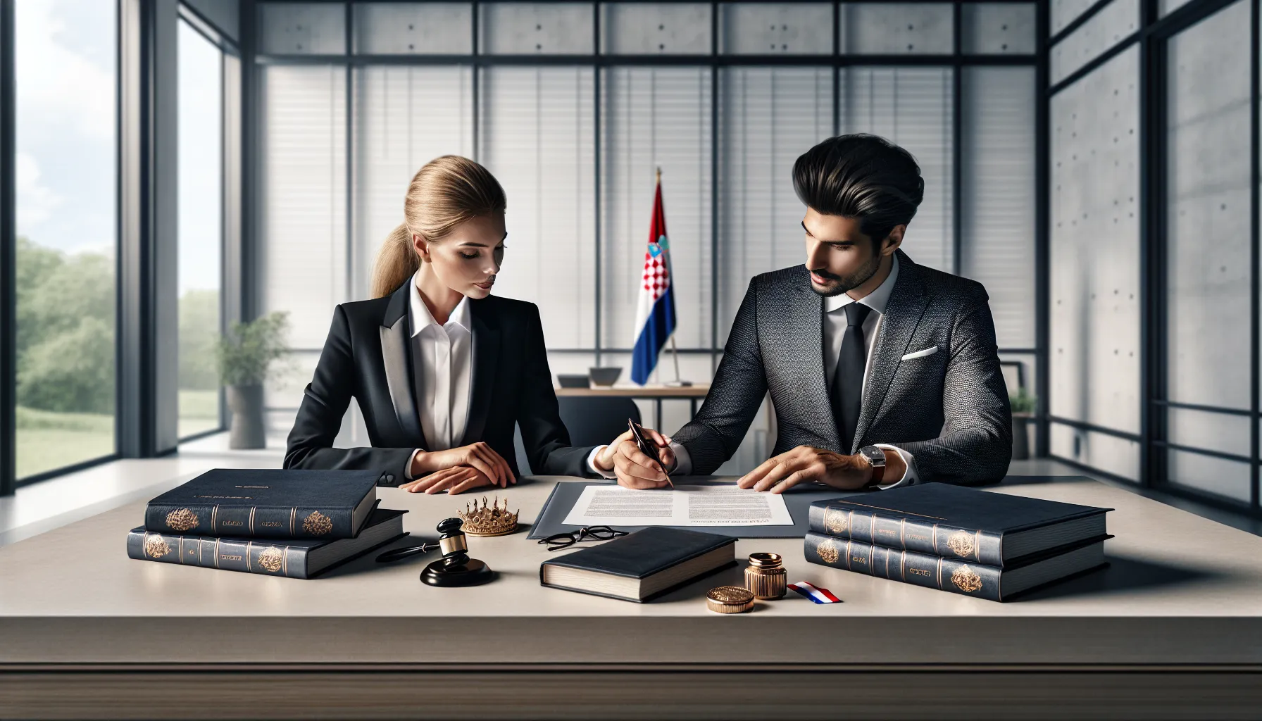 Two professionals reviewing a rental agreement document at a modern office desk.