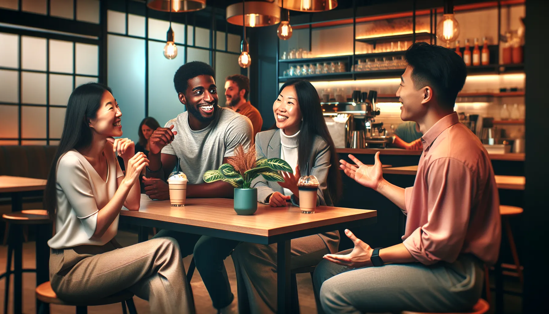 diverse group interacting in a cozy coffee shop setting.