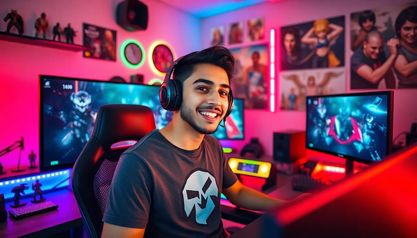Larry Nando streaming in a vibrant gaming studio with colorful lights.