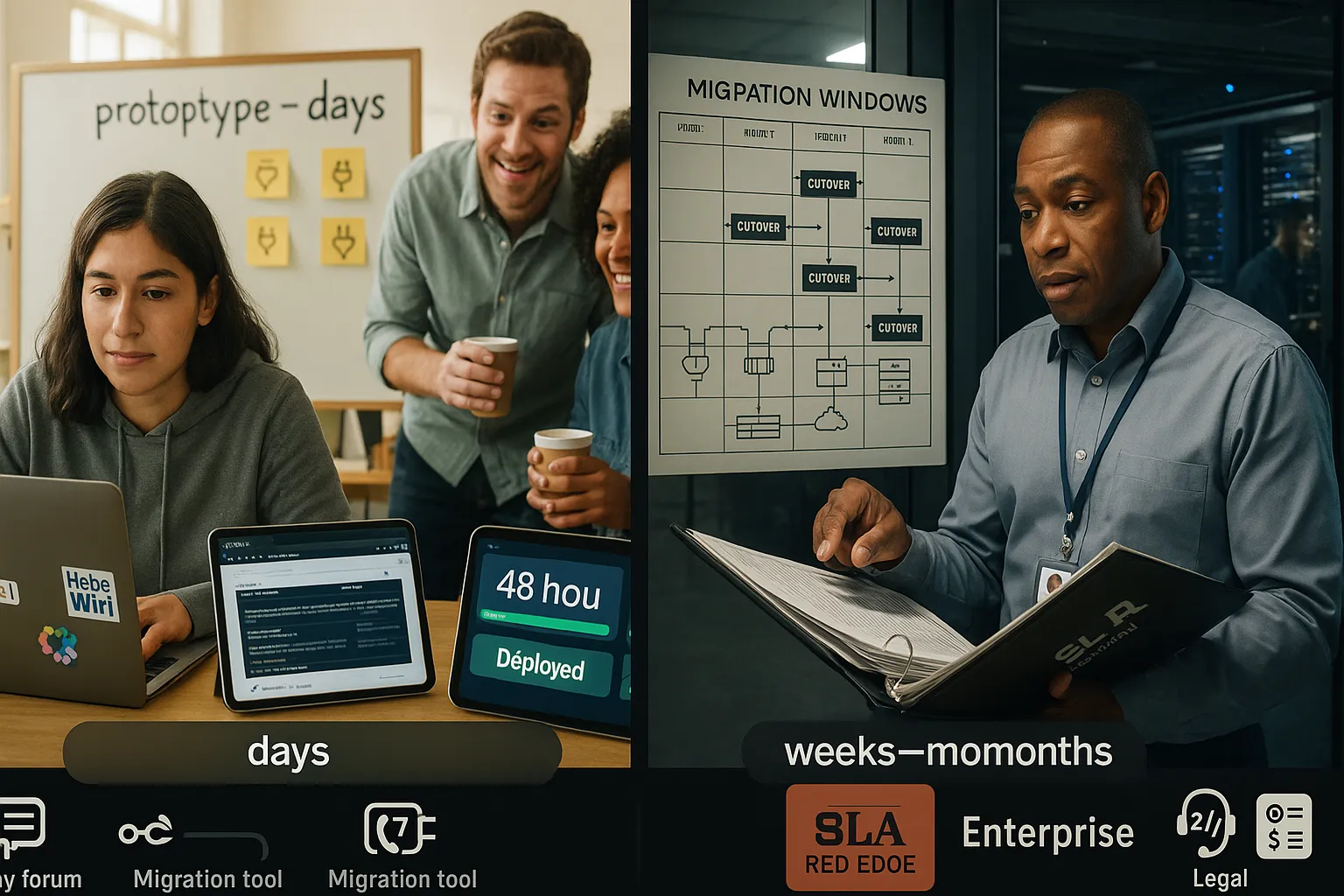 Side-by-side scene: fast Hebe prototyping vs. staged Red Edge enterprise migration.