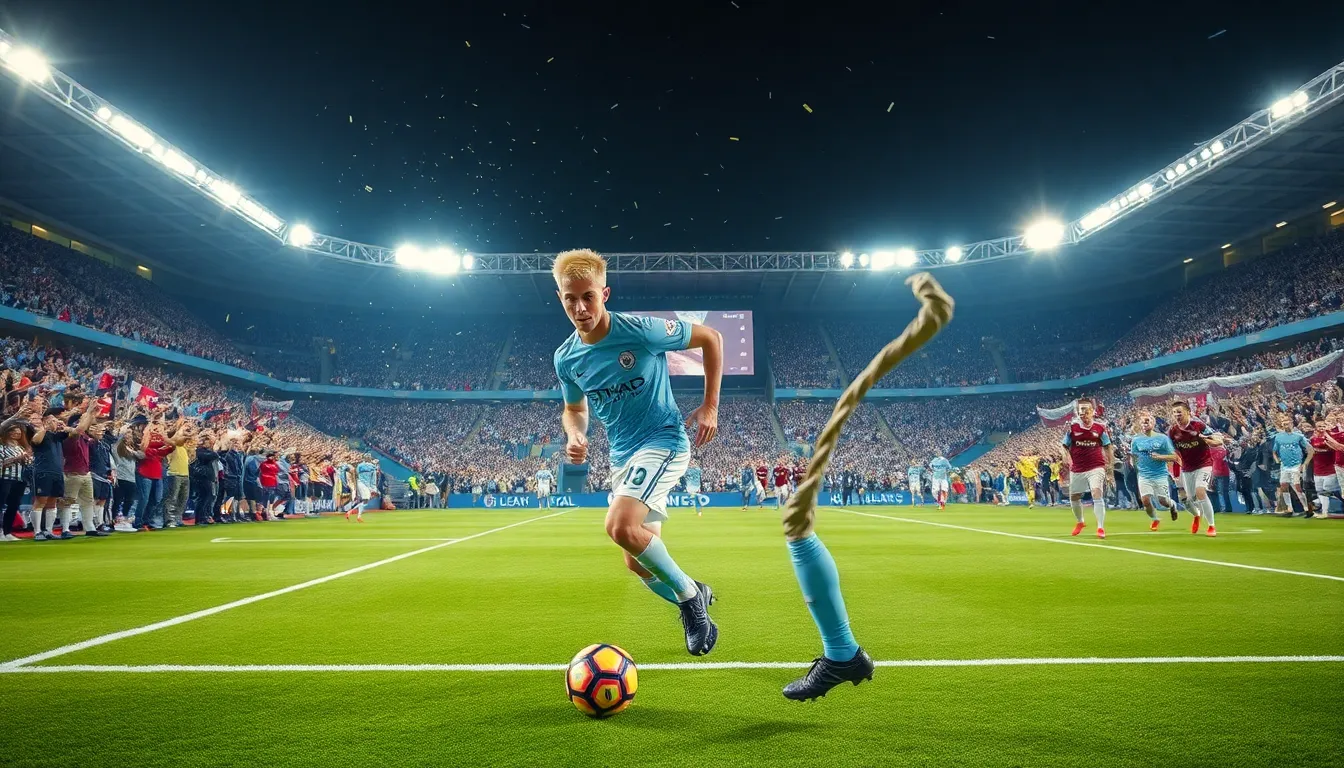 a football match with players in action under bright stadium lights.