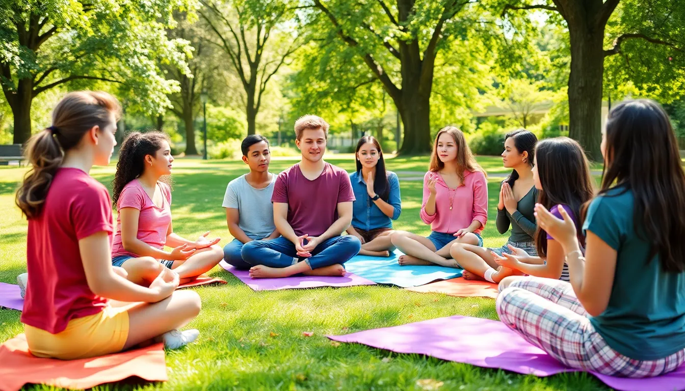 diverse teens practicing mindfulness in a sunny park.