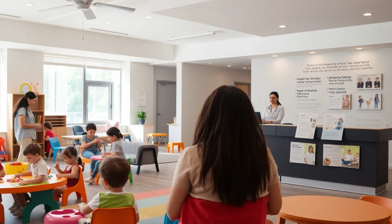 A diverse daycare center with children and caregivers engaged in activities.