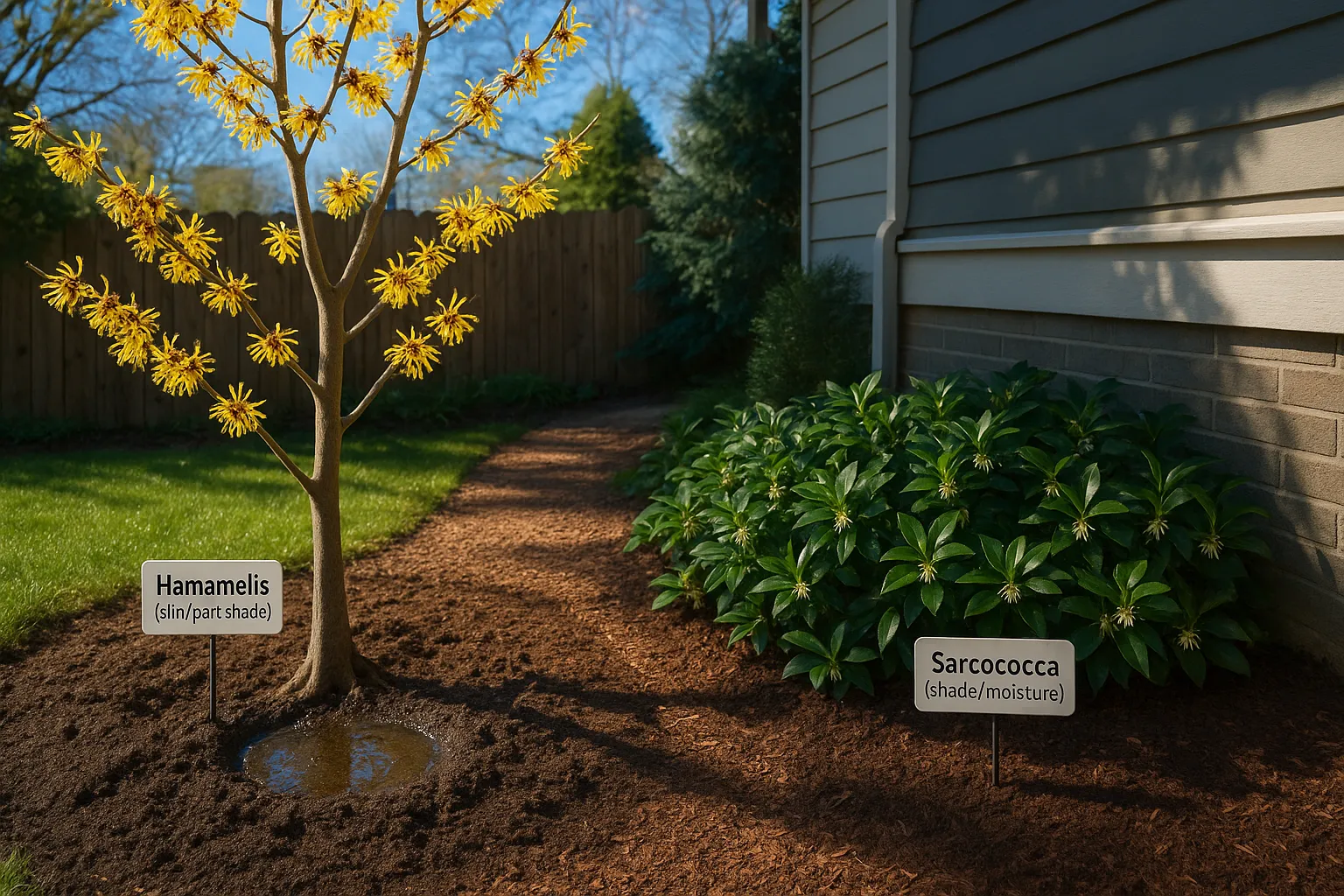 sunny witch hazel with yellow flowers beside shaded glossy sweet box groundcover