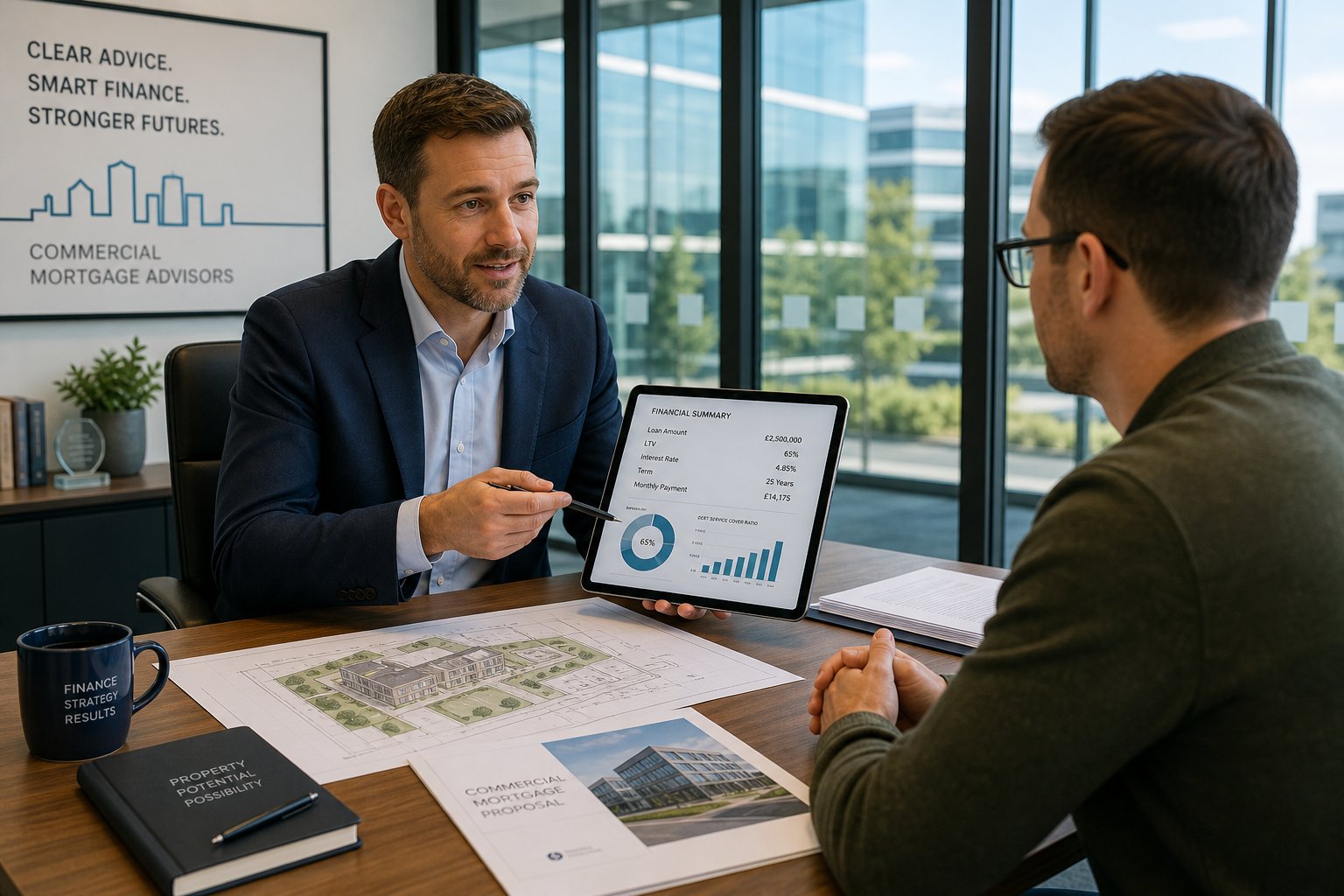 Advisor explaining commercial mortgage details to a client in a modern office.