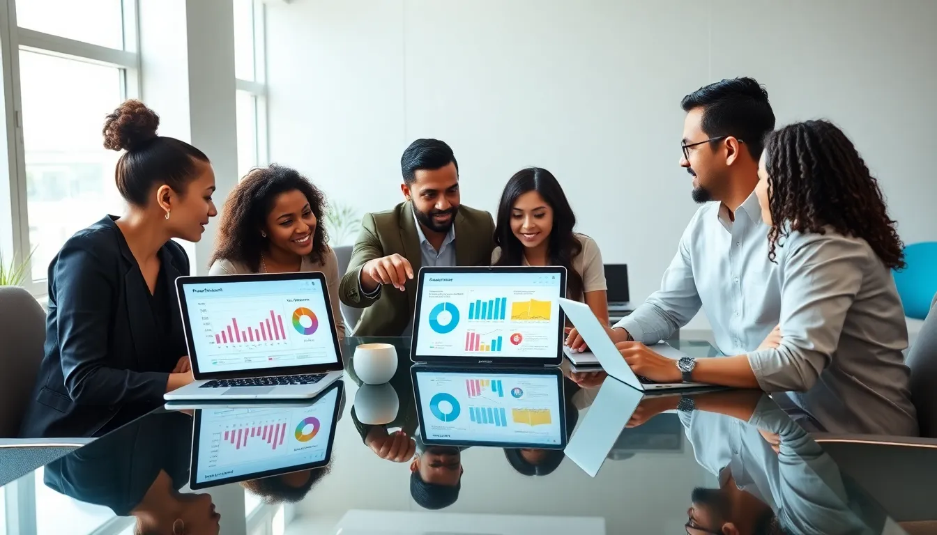 diverse team collaborating on digital marketing strategies in a modern office.