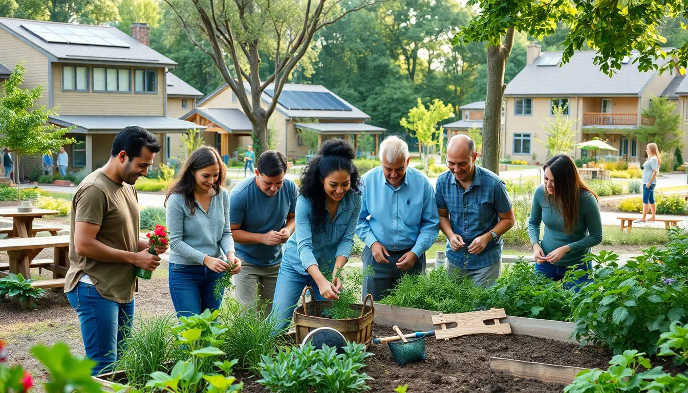 diverse residents gardening in a sustainable living community.