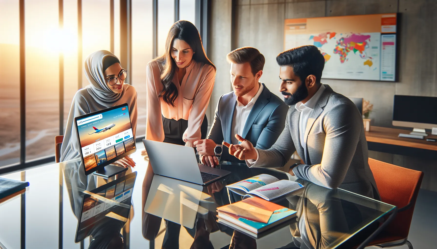 diverse team discussing travel deals in a modern office.