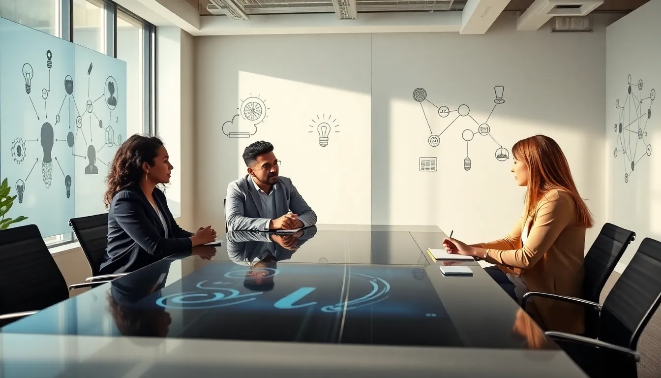 diverse team discussing complex ideas in a modern office.