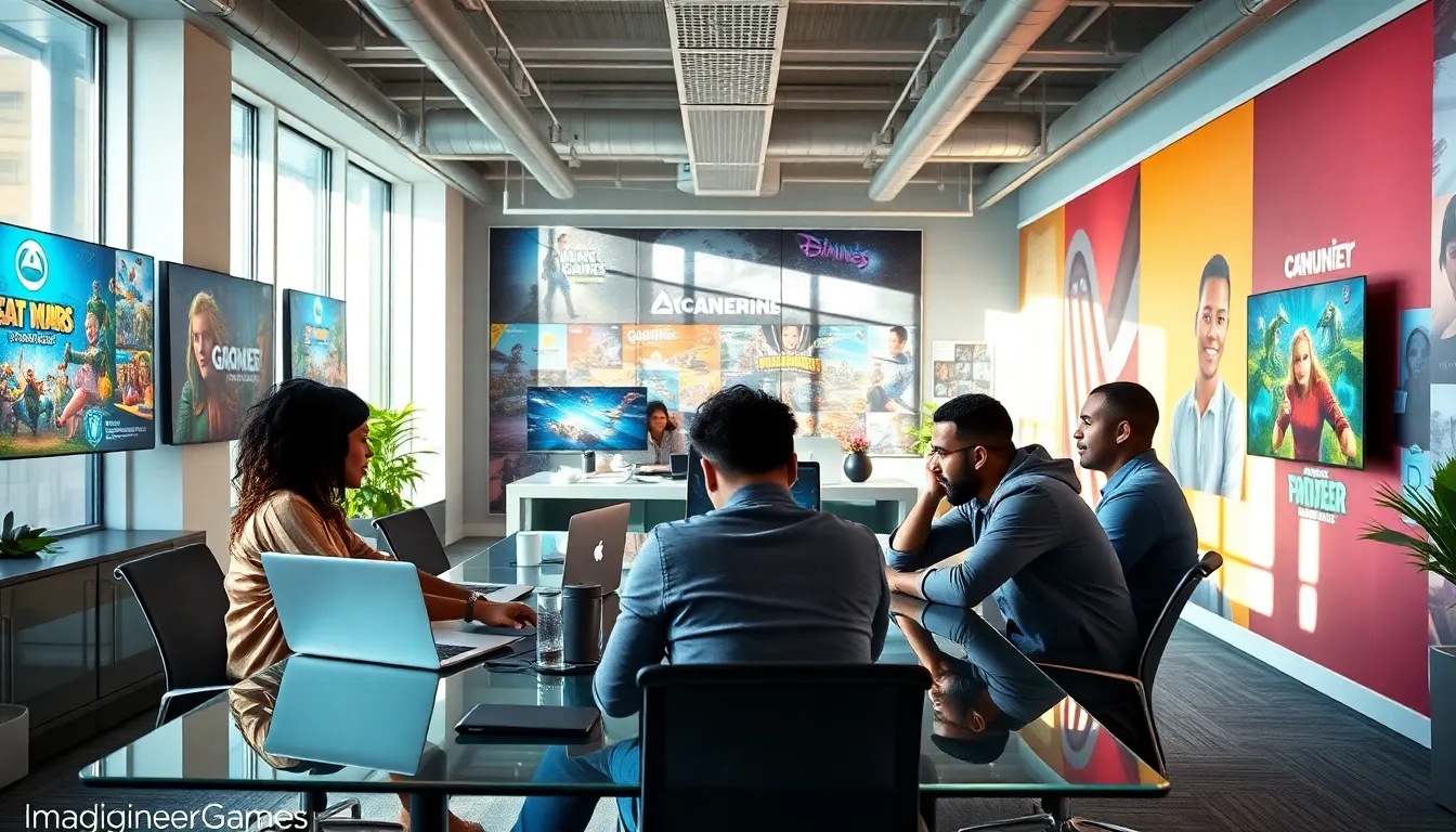 diverse team collaborating in a modern gaming office.