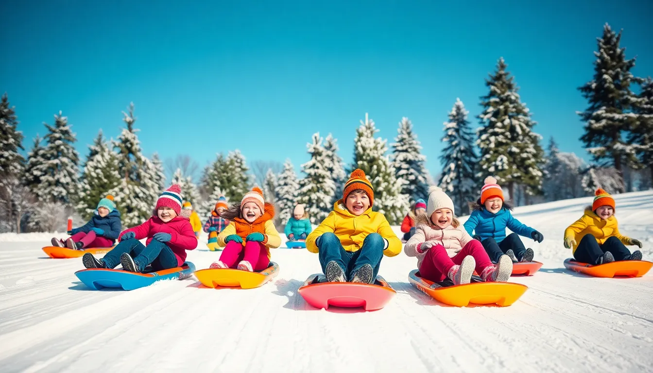 children and adults sledding joyfully down a snowy hill.