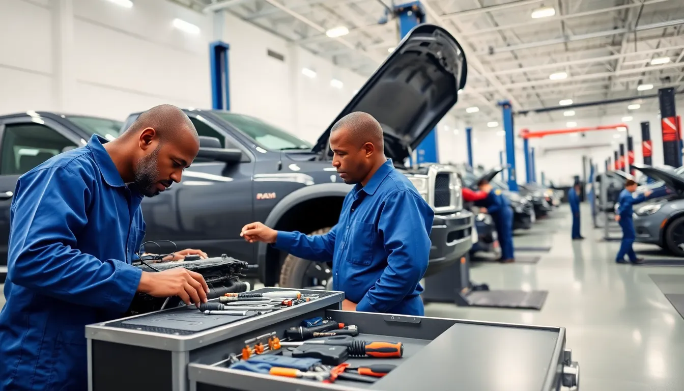 Technician inspecting a Ram 1500 truck in a modern repair shop.