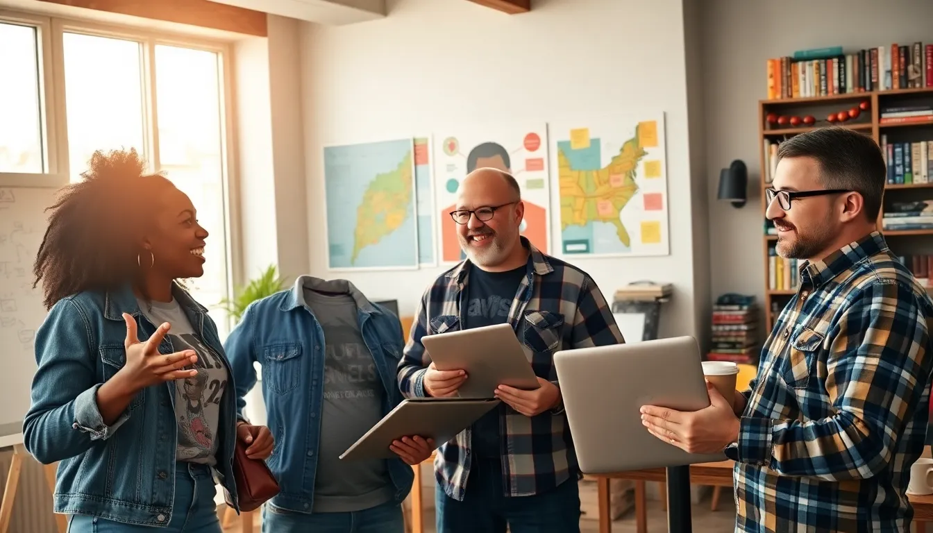 a diverse group discussing ideas in a bright co-working space.