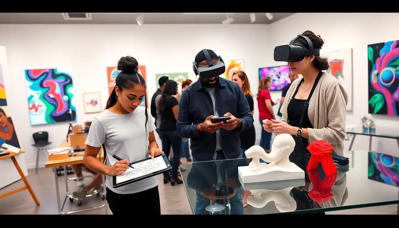 diverse artists creating technology art in a modern studio.