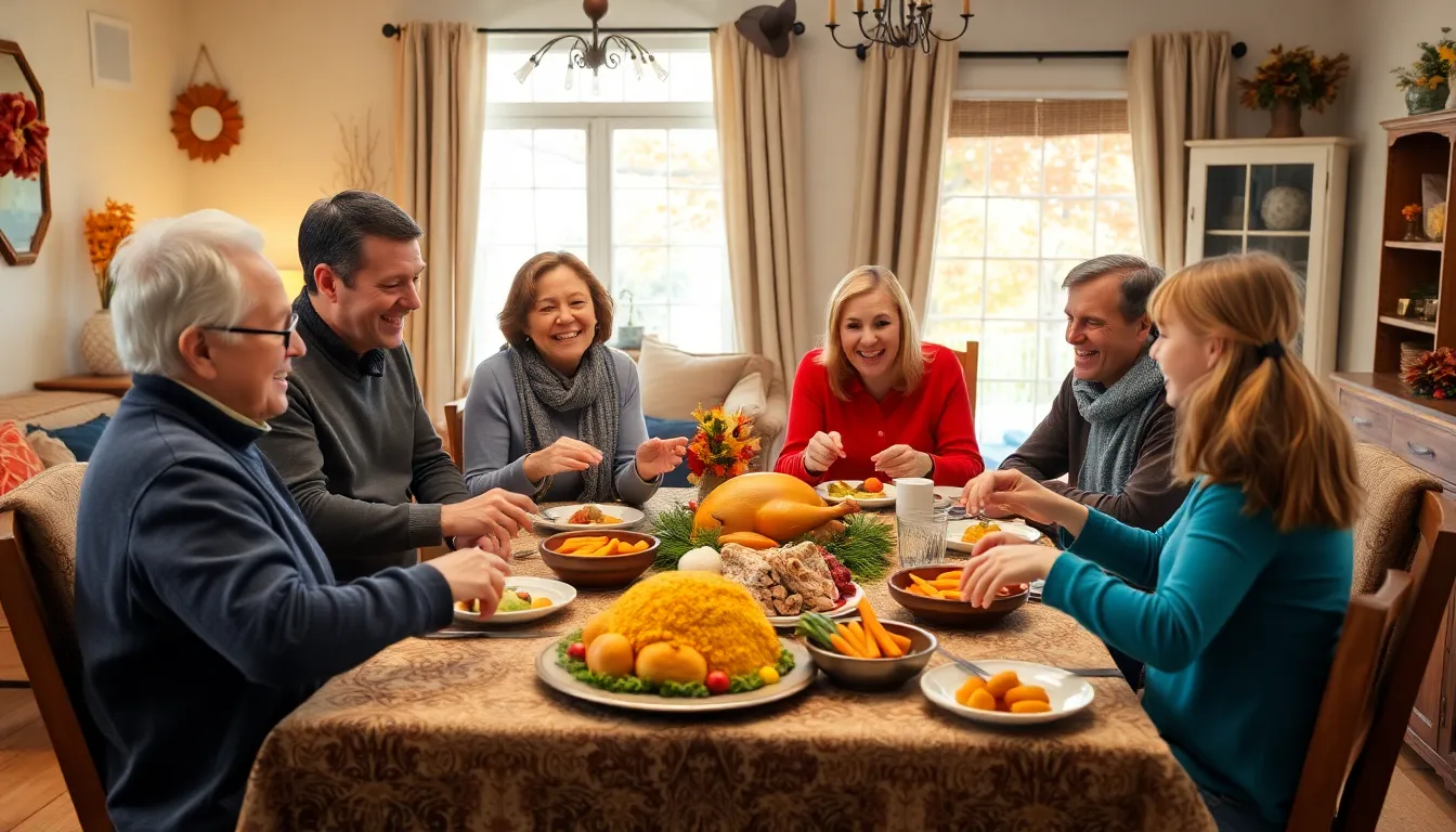 family enjoying games together during a lively Thanksgiving dinner.