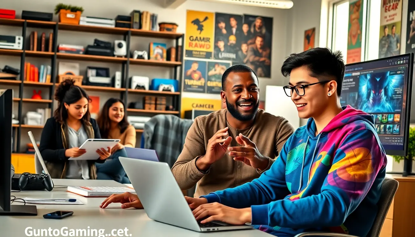 diverse team members working together in a vibrant gaming office.